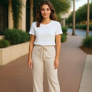 Revamped Linen Pants Womens Large 30X33 Beige Striped Boho Beach NWT